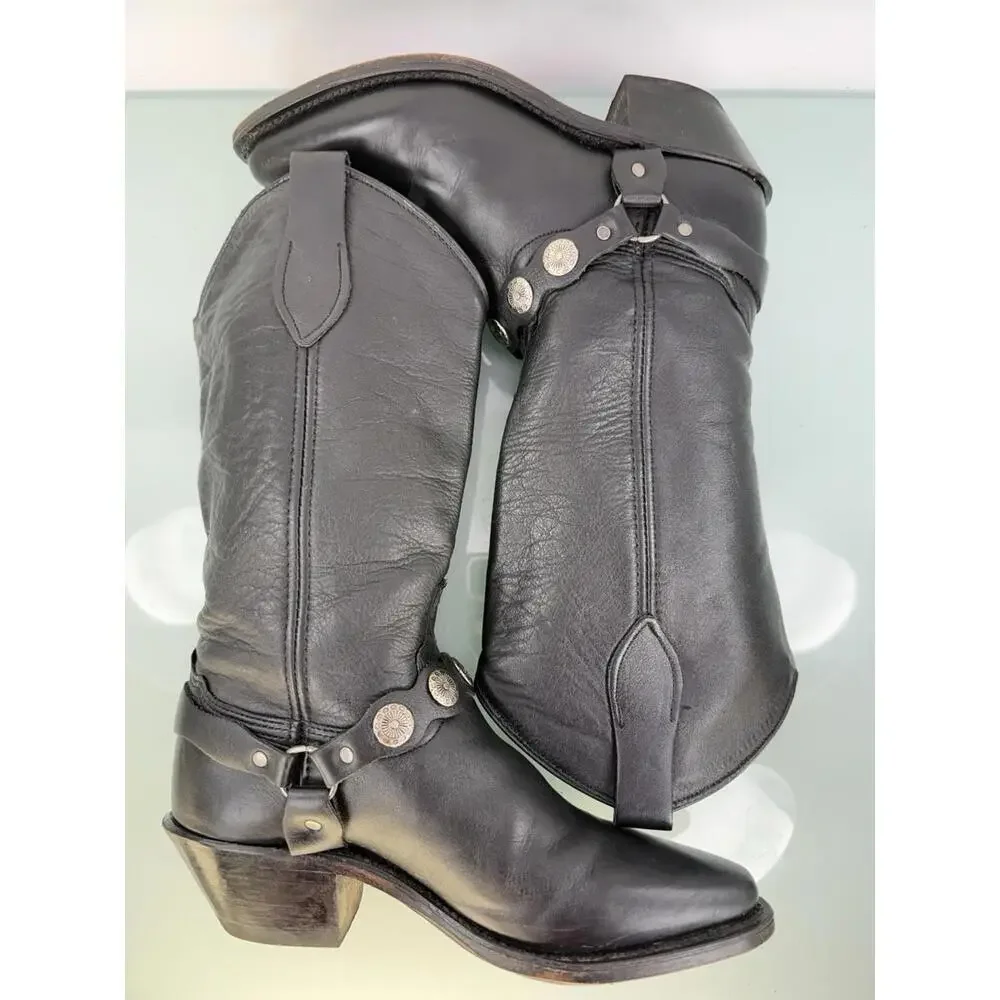 Abilene Black Leather Harness Concho Western‎ Cowgirl Boots USA 5.5M